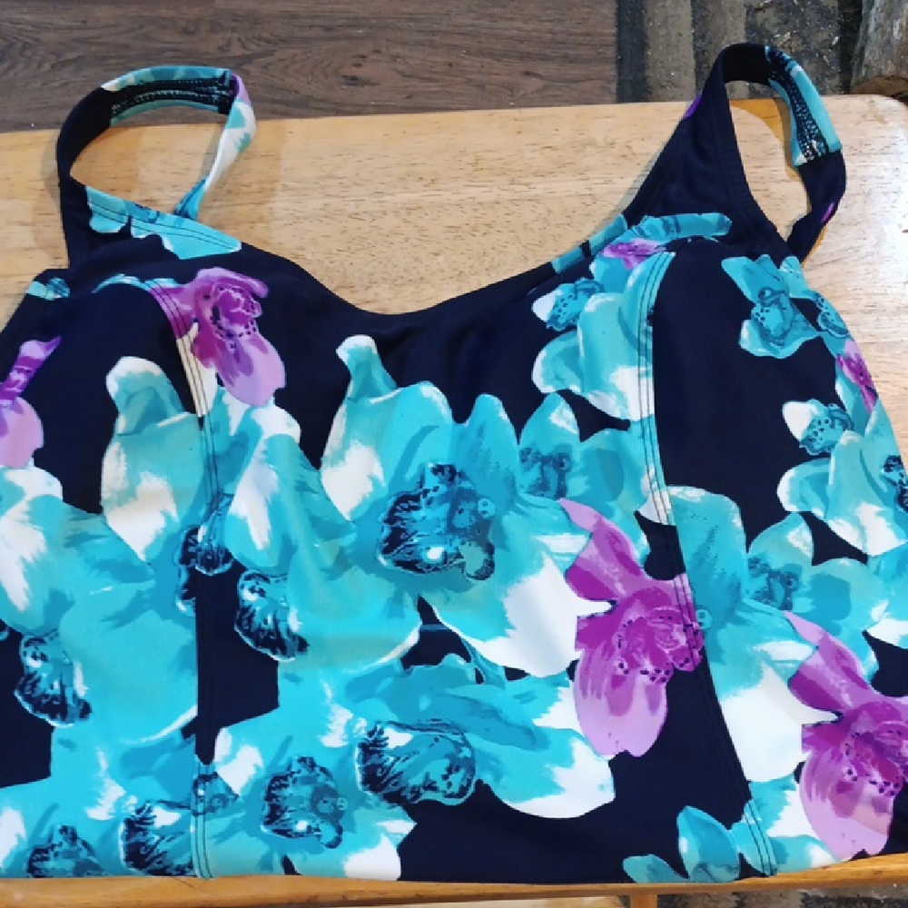 St. John's Bay Teal and Purple Floral Swim Top